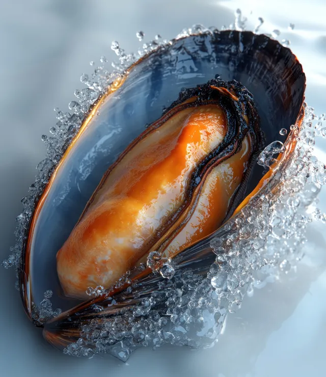 Open mussel shell with orange flesh and water splash isolated on clean white background