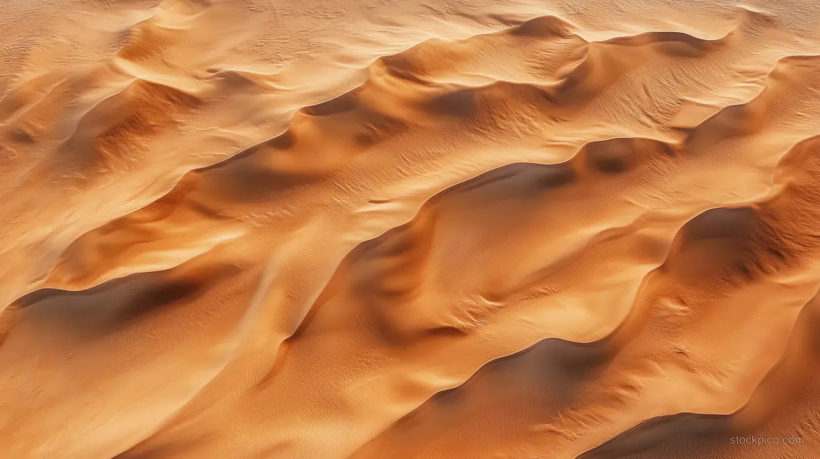 Aerial view of rolling sand dunes with warm orange color and soft shadows across a sunlit desert.