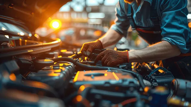 Mechanic checks car engine wiring and electric battery connections in a sunlit workshop