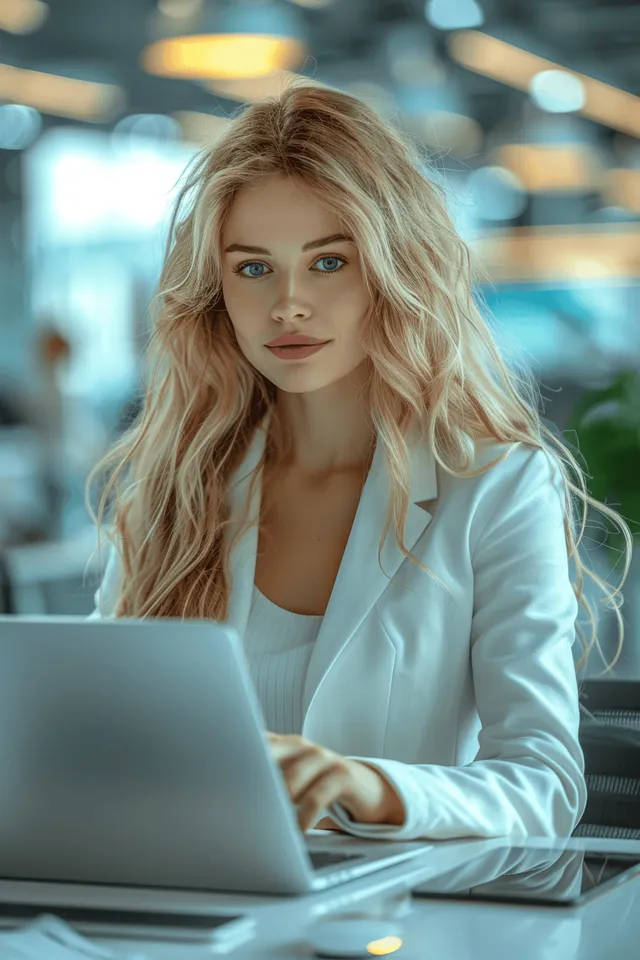 Woman typing on laptop while holding smartphone, office desk network communication closeup
