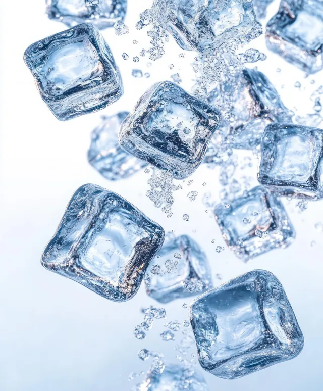 Ice cubes suspended in clear water with visible bubbles against a bright white background.