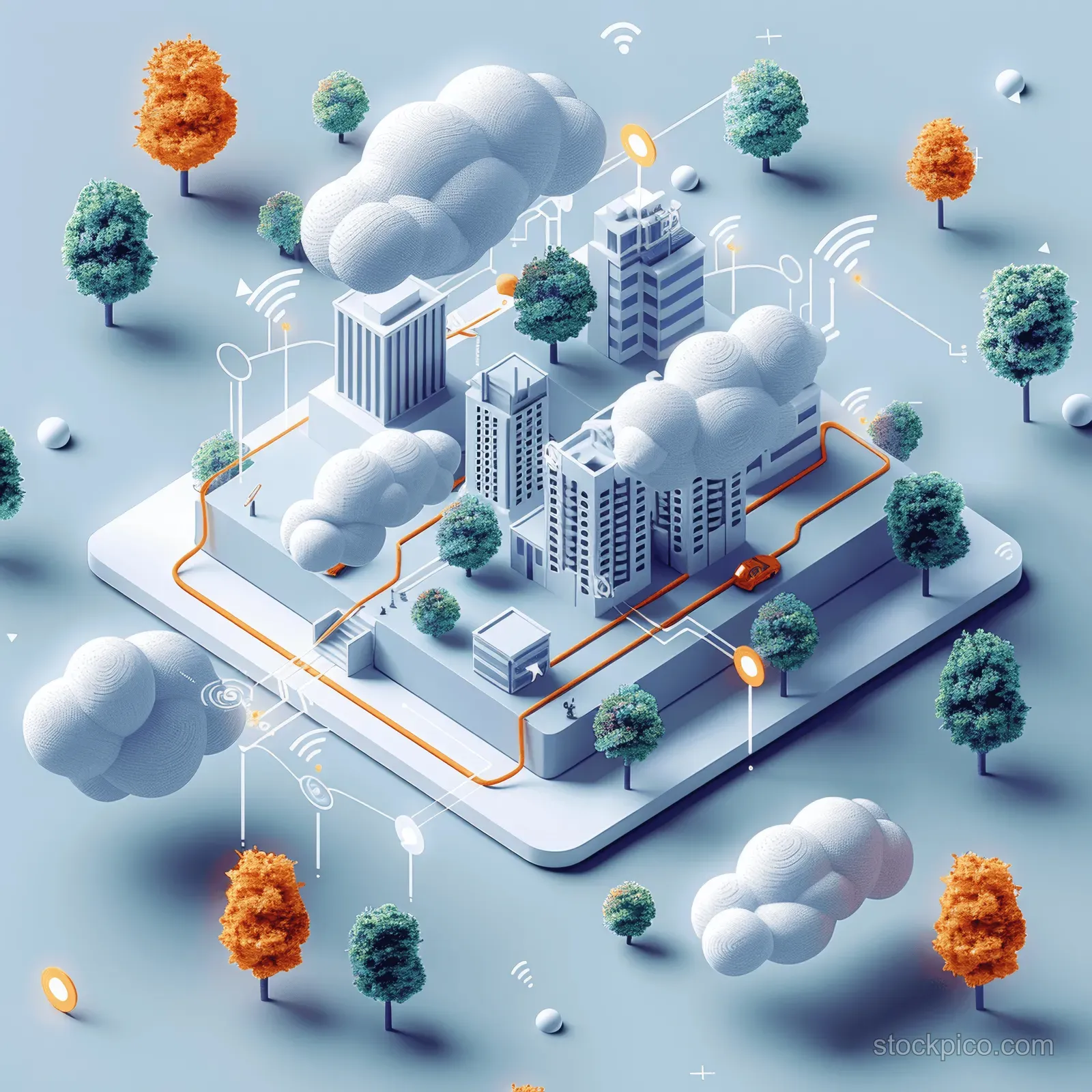 Isometric cloud network links buildings with glowing nodes and connection lines surrounded by small trees.