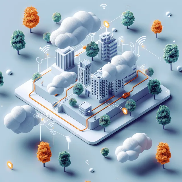 Isometric cloud network connects buildings with glowing nodes and trees