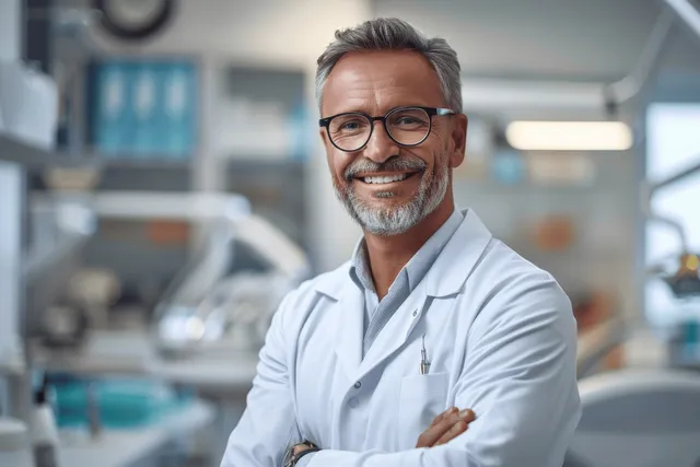 Smiling male dentist in a white coat with dental tools inside a modern clinic office