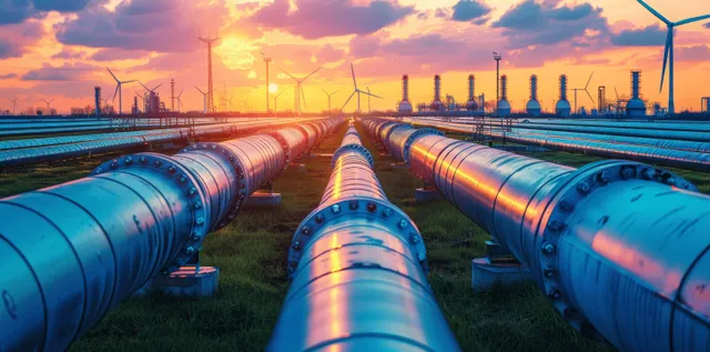 Metal hydrogen pipeline with valves and gauges in a grassy field, wind turbines turning at sunset.