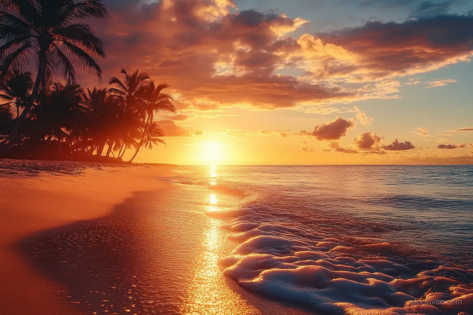 Sunset over a tropical beach with waves washing onto reflective sand and palm trees silhouetted at left.