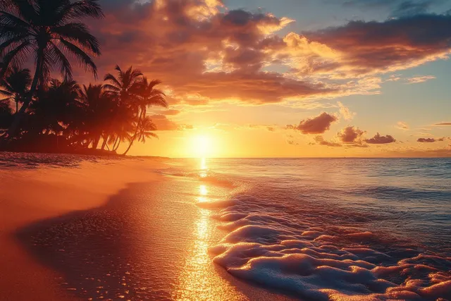 Sunset waves reflect on a tropical beach with silhouetted palms