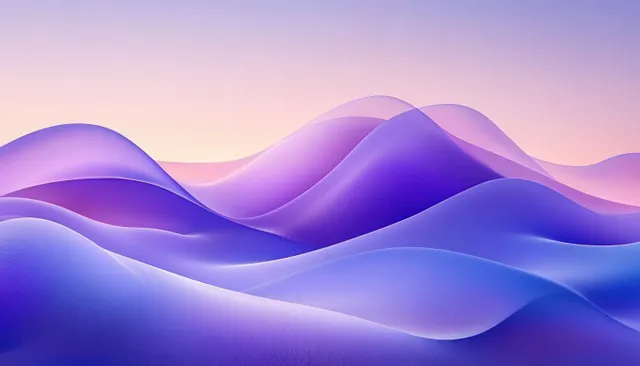 Purple and blue wave-like hills form an abstract landscape with smooth gradients and a soft distant glow.