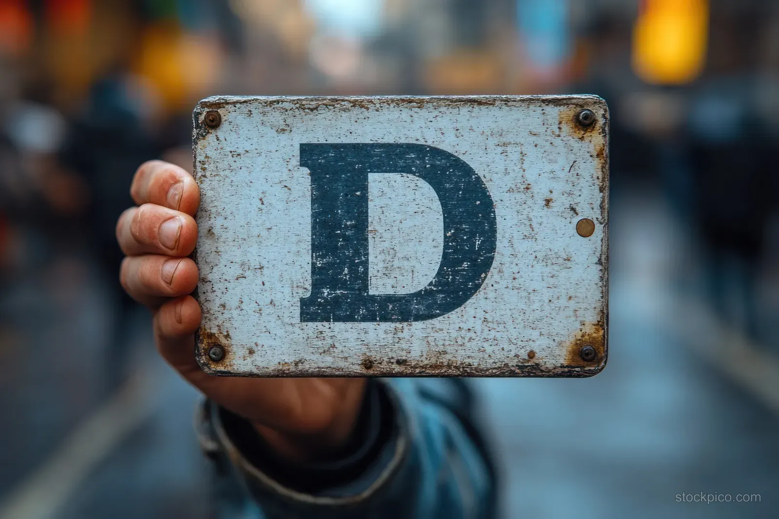 A middle-aged man holds a rusted sign with “D” while standing on a busy street.