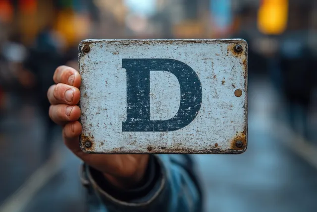 Depressed middle-aged man holding worn sign marked “D” on busy street