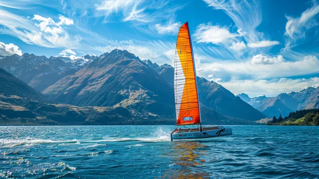 Nacra 17 catamaran sailing across New Zealand waters with bright orange sail flare