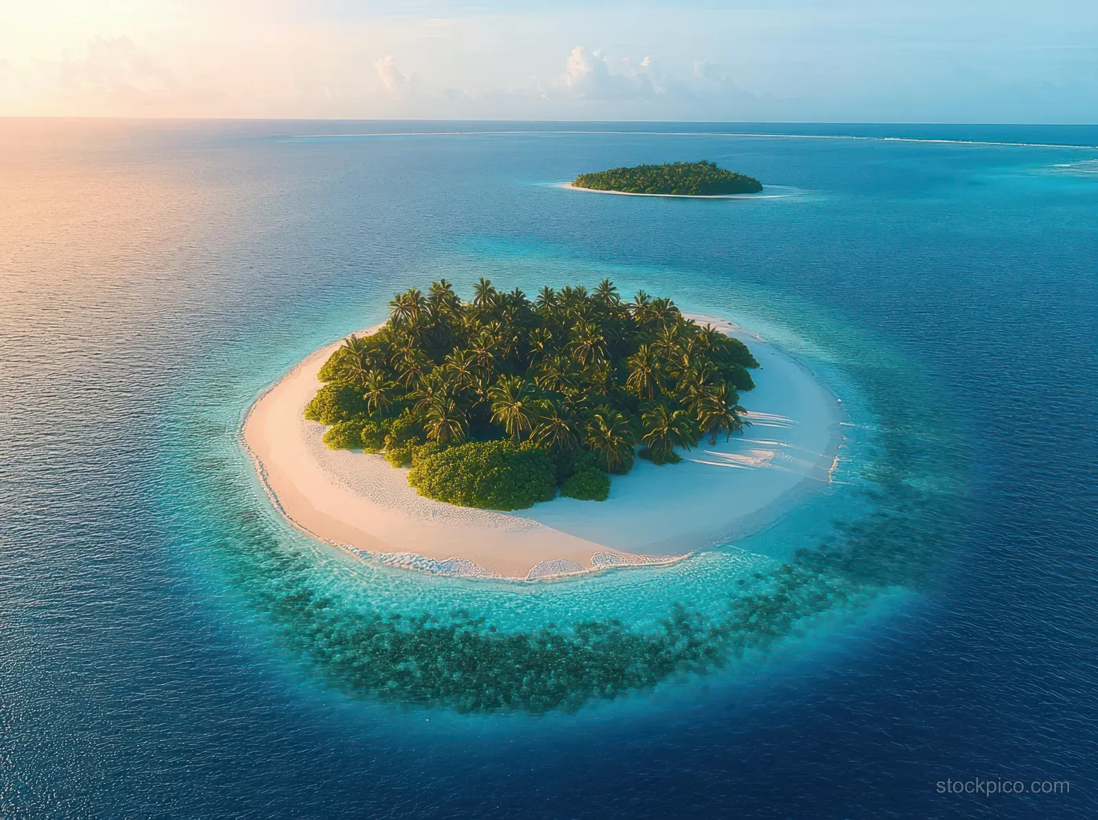 Aerial view of a tiny tropical island with white sand and palm trees surrounded by turquoise ocean at sunrise.