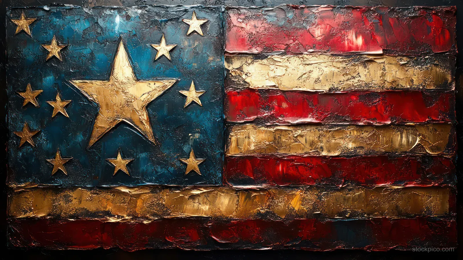Distressed American flag stars and stripes painted on a cracked grunge background.