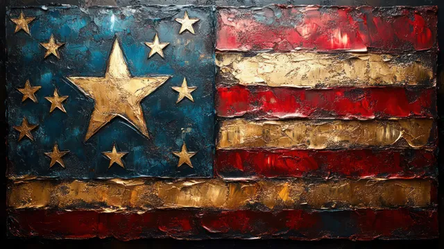 Distressed American flag stars and stripes painted on a cracked grunge background.