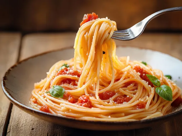 A fork twirls spaghetti in tomato sauce with basil and parmesan on a rustic ceramic plate.