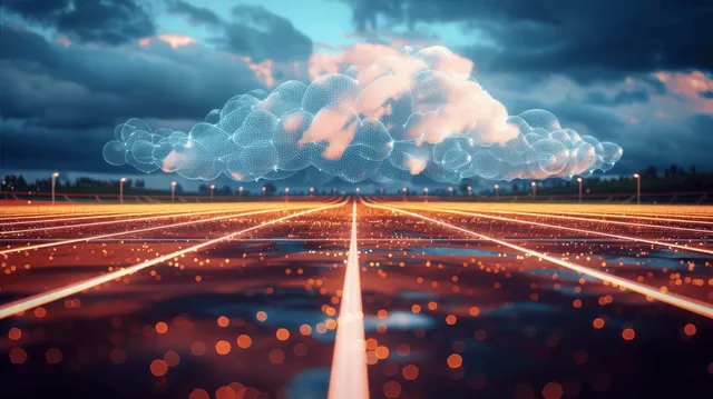Neon night highway with glowing lines leading into a hovering digital cloud of interconnected data nodes.