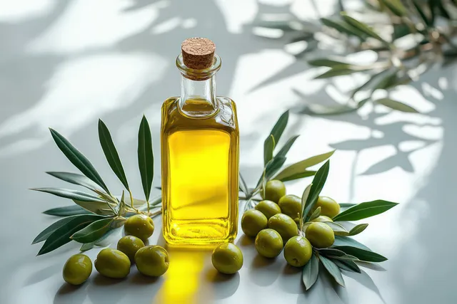 A glass bottle of golden olive oil beside green olives and branches with soft leaf shadows on a white surface.