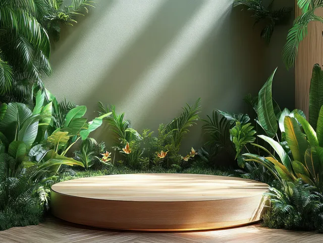 Tropical wooden display platform with lush leaves and soft spotlight in minimalist indoor set
