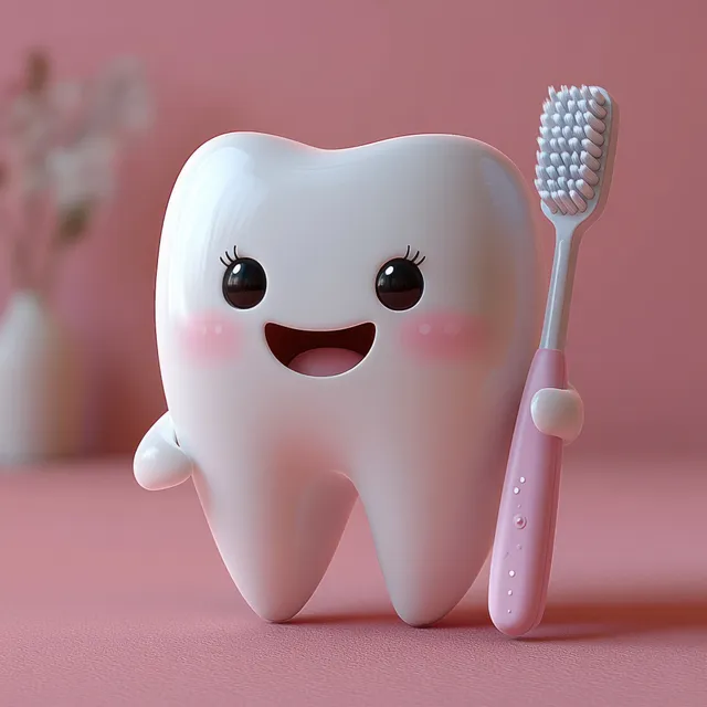 A smiling cartoon tooth character holds a pink toothbrush with soft bristles on a pink background.