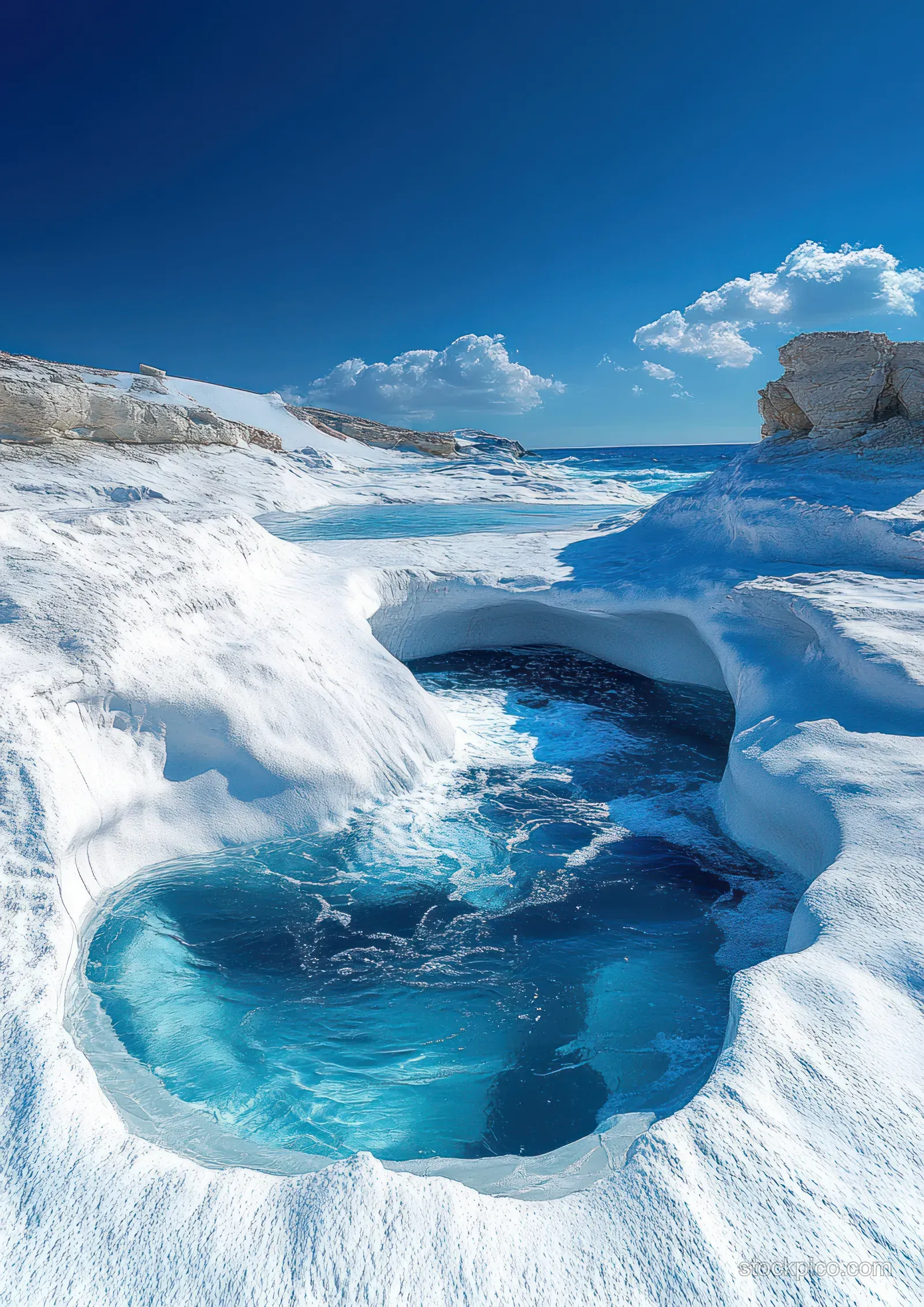 Vivid blue ocean waves crash against white rock formations on a Cyclades coast with a sea-cave opening.