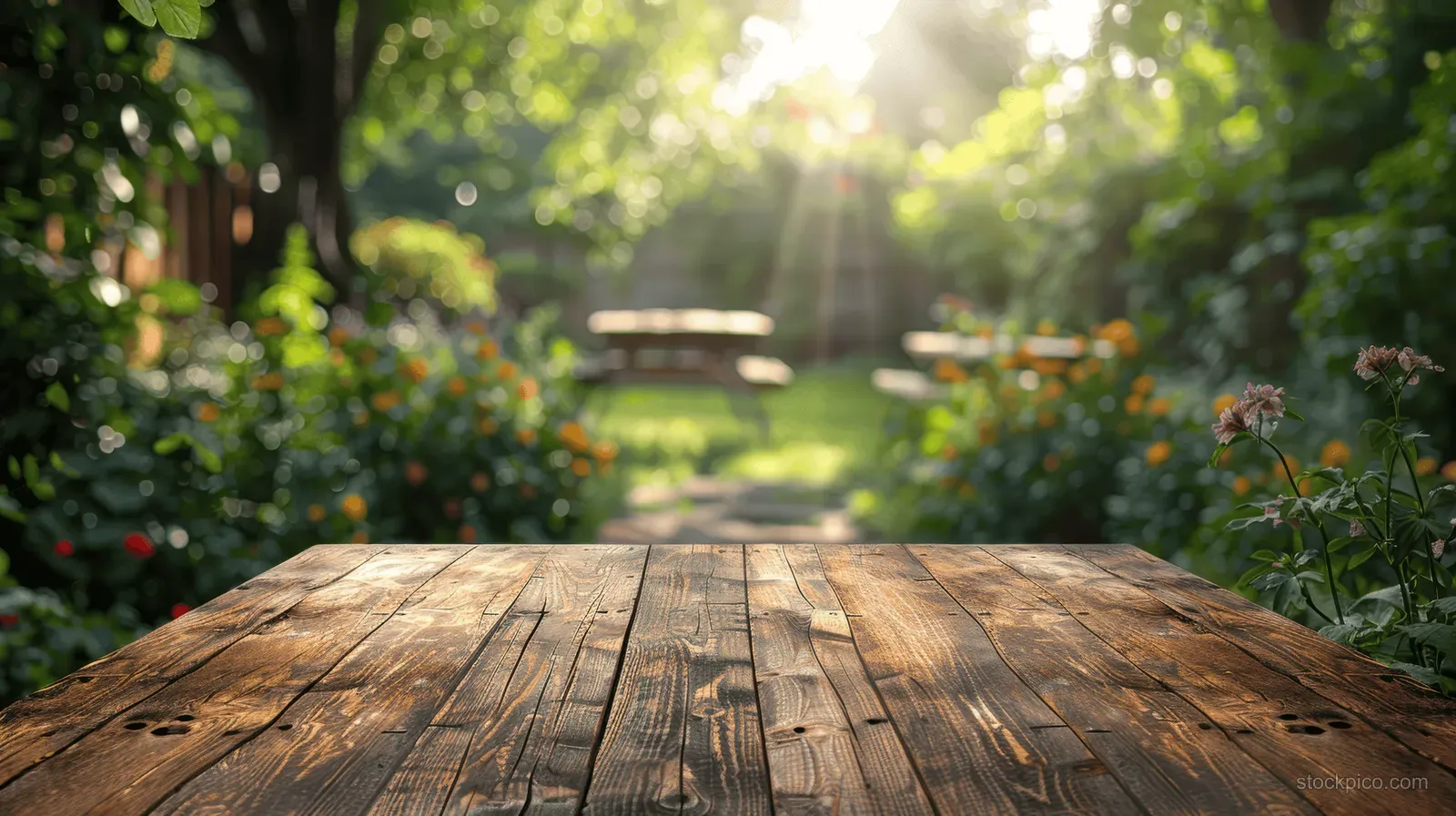 Rustic wooden table in the foreground with sunlit blooming flowers and green leaves in a garden background.