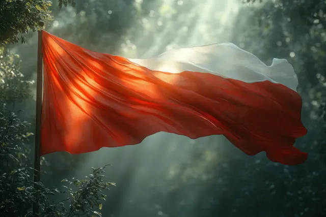 A Polish flag waves in the breeze while sunlight scatters through surrounding trees.