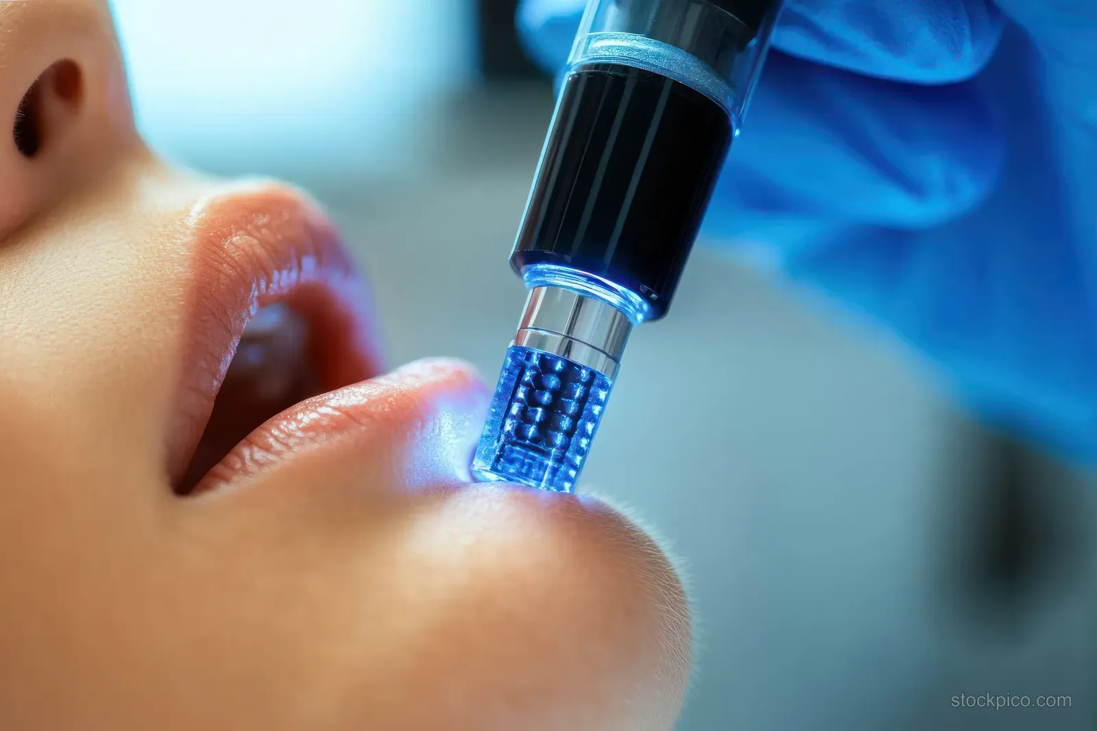 Clinician’s dermapen needle tip is held against a woman’s cheek during a microneedling session in a salon.