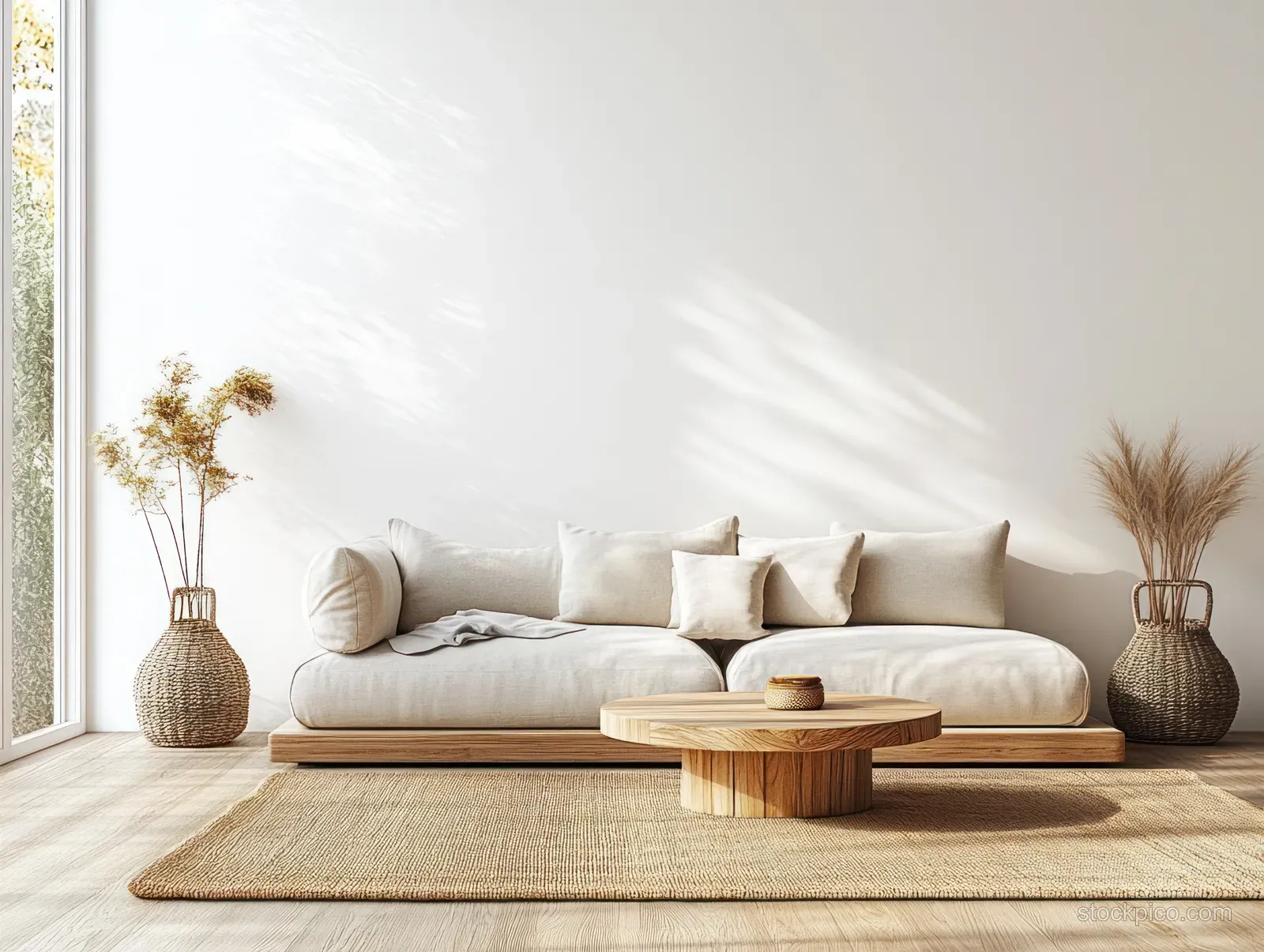 Sunlit minimalist living room with a light sofa, wooden coffee table, textured rug, and pampas grass vases.