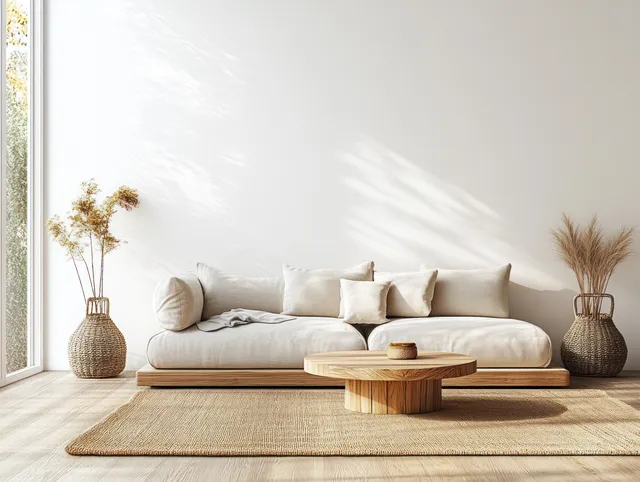 Sunlit minimalist living room with a light sofa, wooden coffee table, textured rug, and pampas grass vases.