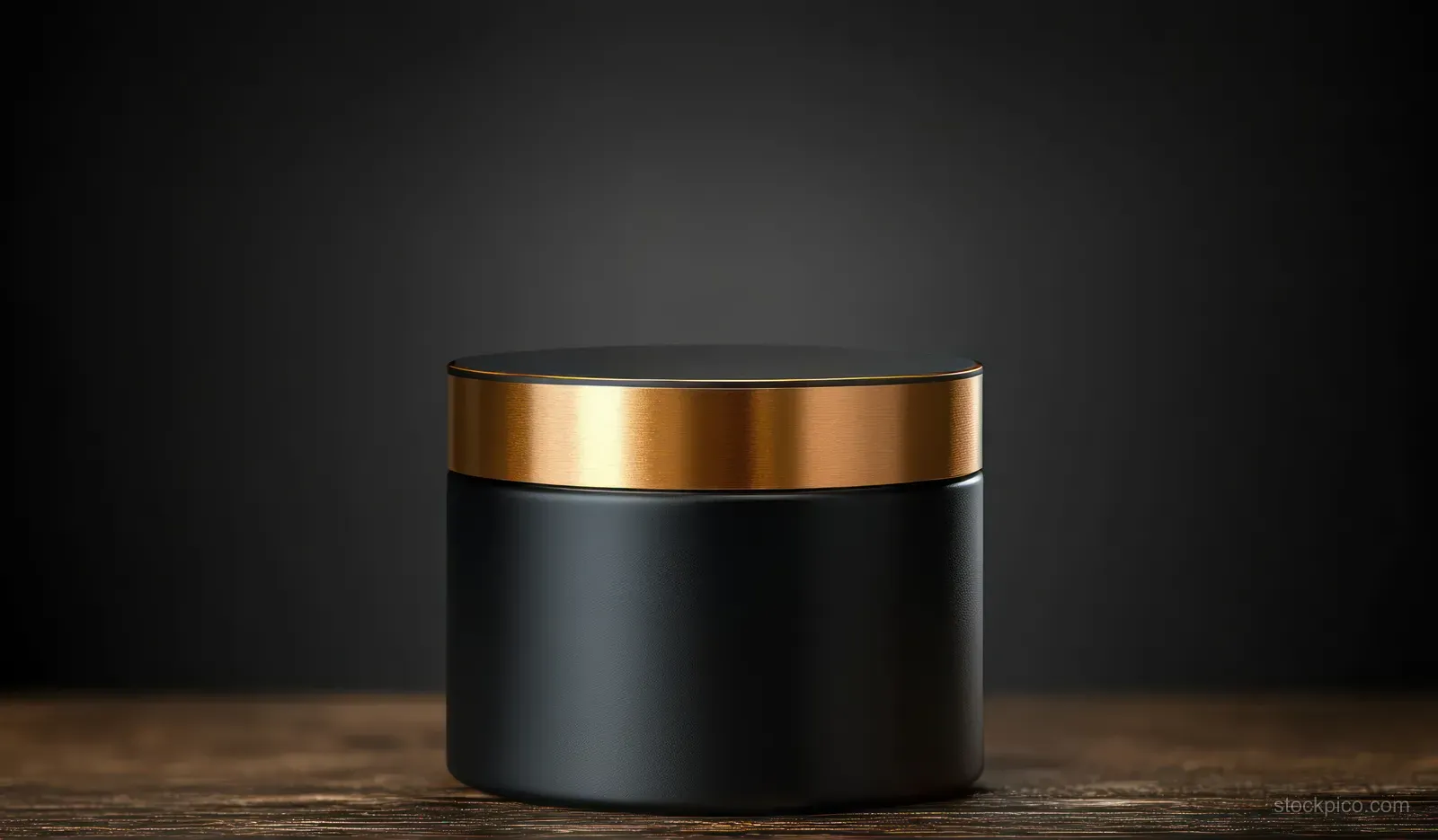 Matte black and gold cylindrical podium displayed on a dark studio floor under soft spotlight glow.