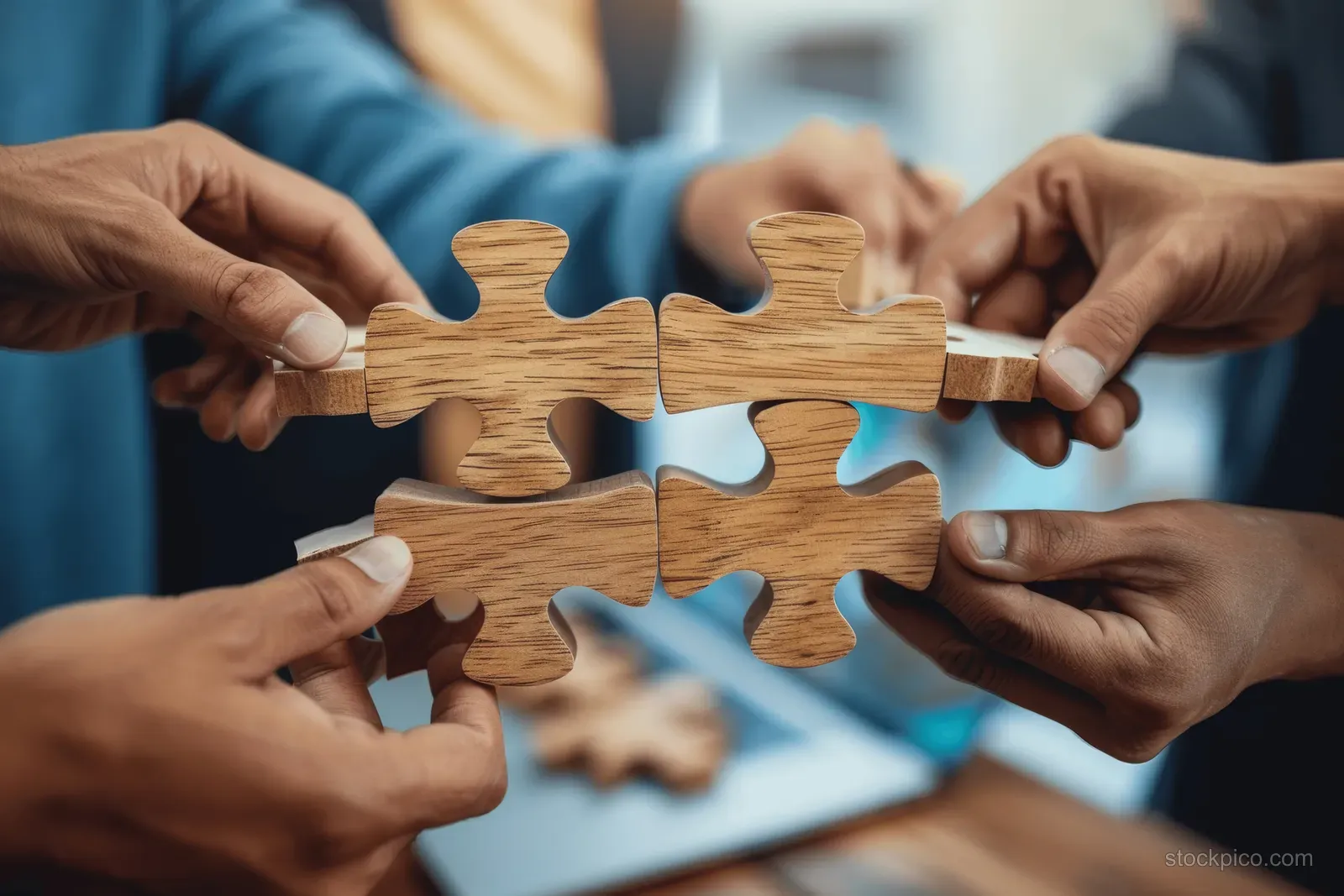 Several hands fit wooden puzzle pieces together over an office table during a team meeting.