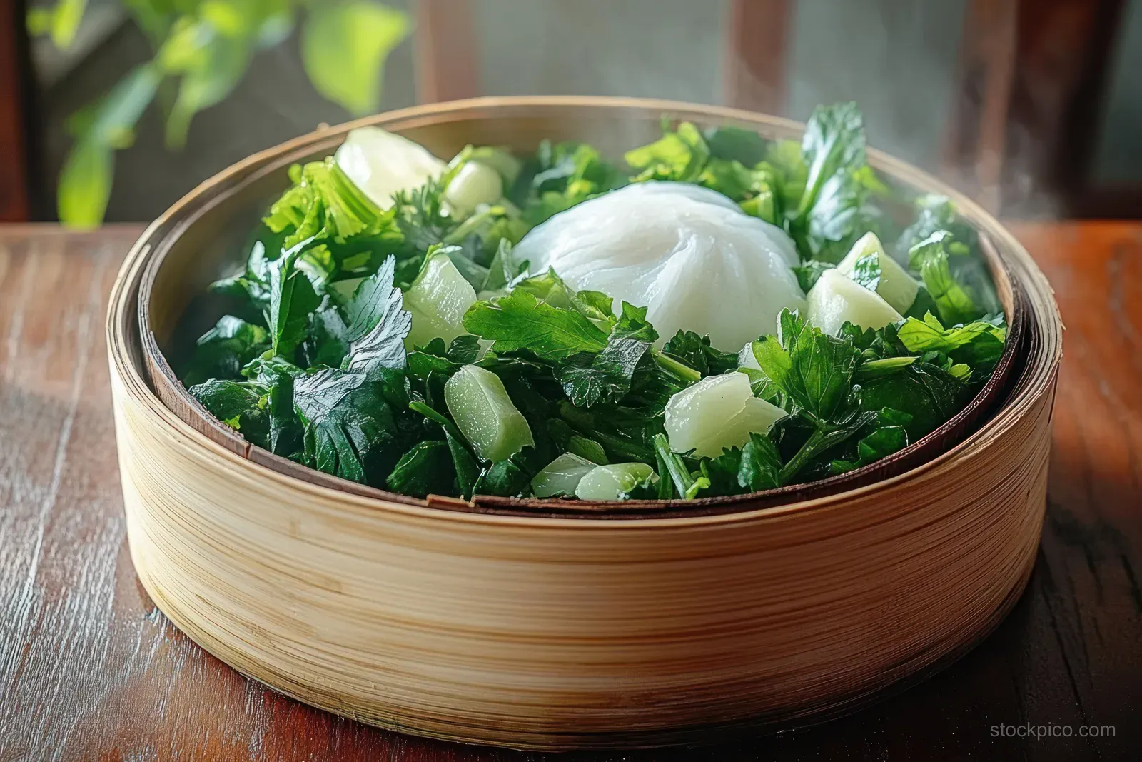 Leafy greens steaming inside a bamboo steamer basket on a rustic wooden table under natural light.