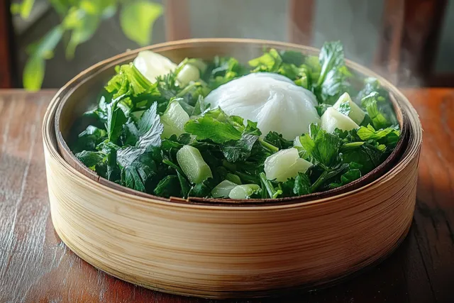 Leafy greens steaming inside a bamboo steamer basket on a rustic wooden table under natural light.