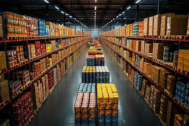 Warehouse aisle with tall metal shelves of canned goods and boxed supplies under bright overhead lights