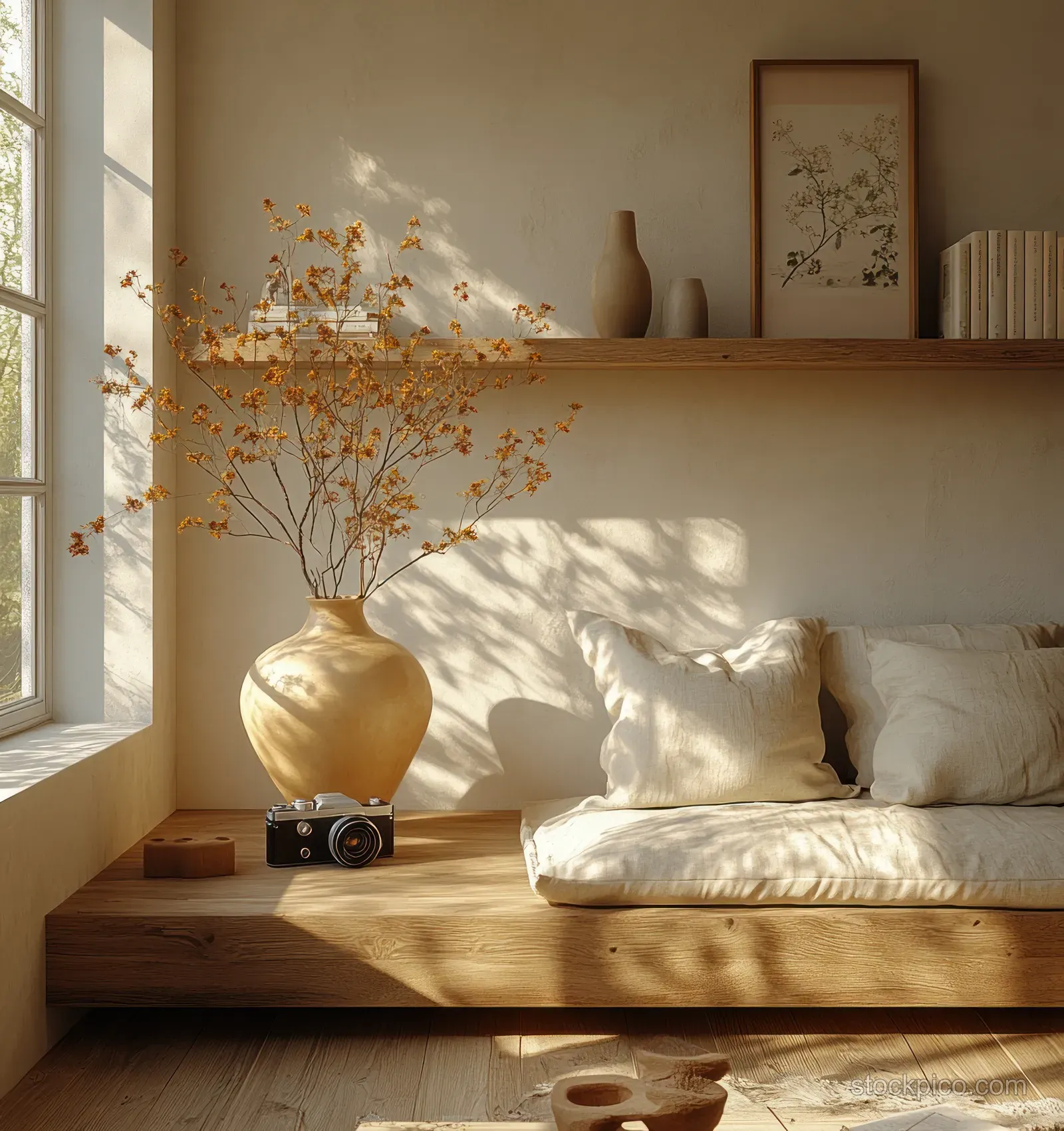 Sunlit Scandinavian living room with a wooden shelf holding a vintage camera and sculptural lamp above pillows.