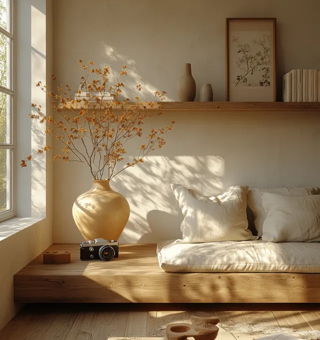 Sunlit Scandinavian living room with a wooden shelf holding a vintage camera and sculptural lamp above pillows.