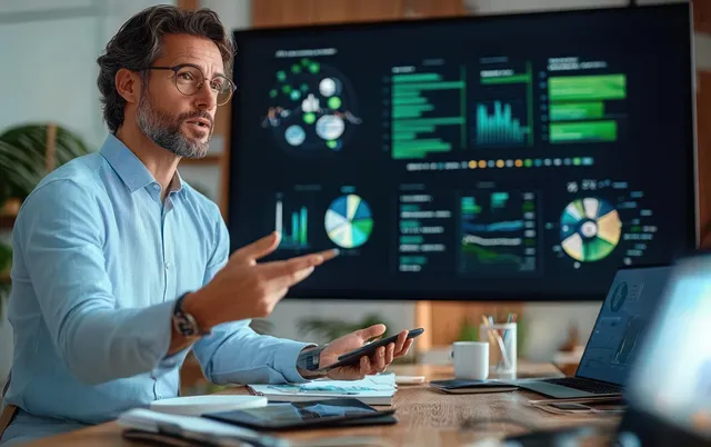 A businessman gestures in front of a large digital screen displaying colorful analytics charts in an office.