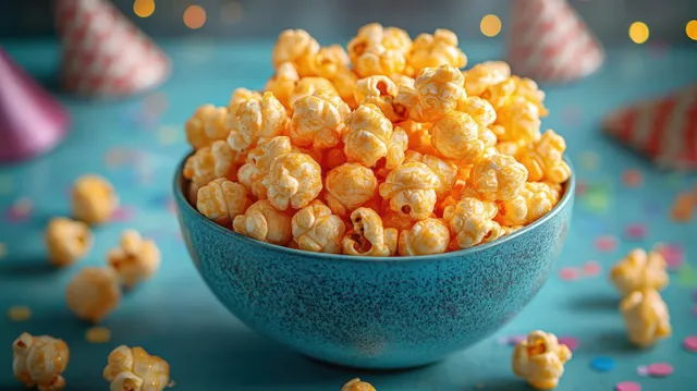 Golden butter popcorn in a blue bowl with colorful confetti and blurred party hats in the background.