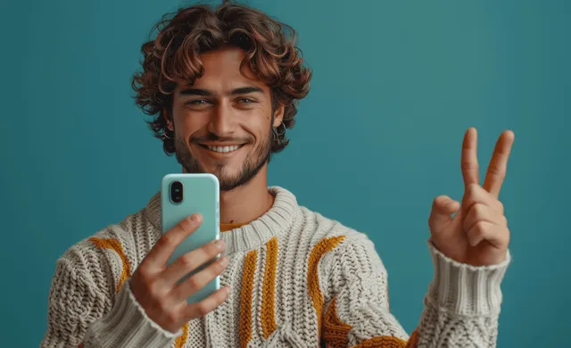 Cheerful man holds a smartphone and makes an OK gesture against a solid blue background with copy space.