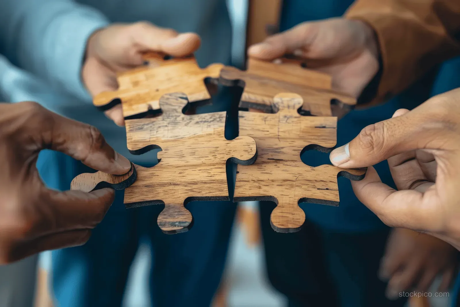 Diverse coworkers' hands assemble wooden puzzle pieces on a table during an office collaboration meeting.