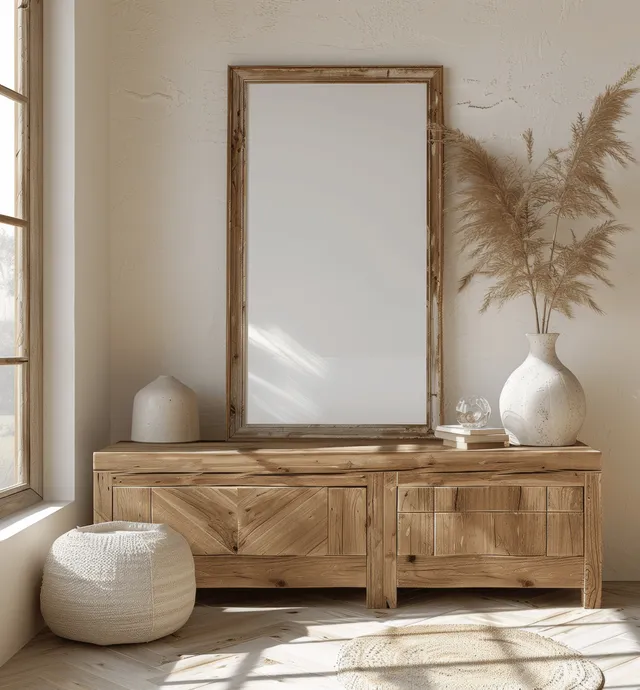 Rustic wooden frame leaning above light oak sideboard in a Scandi living room with soft sun.