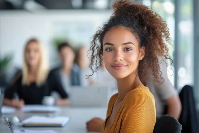 Young professional woman smiles while group collaborates at office meeting table