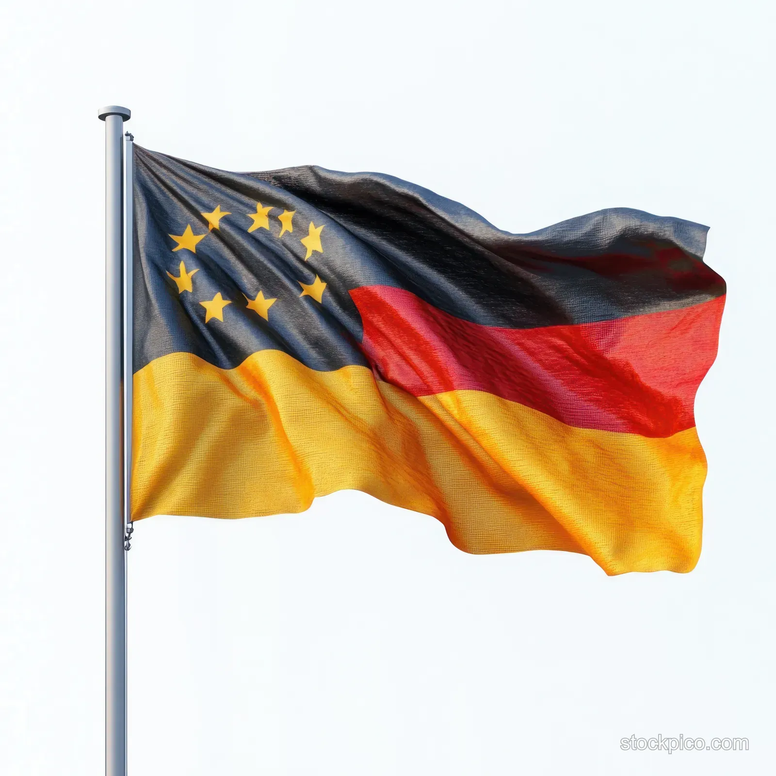 German flag with black red and gold stripes and gold star circle fluttering on a flagpole in a clear sky.
