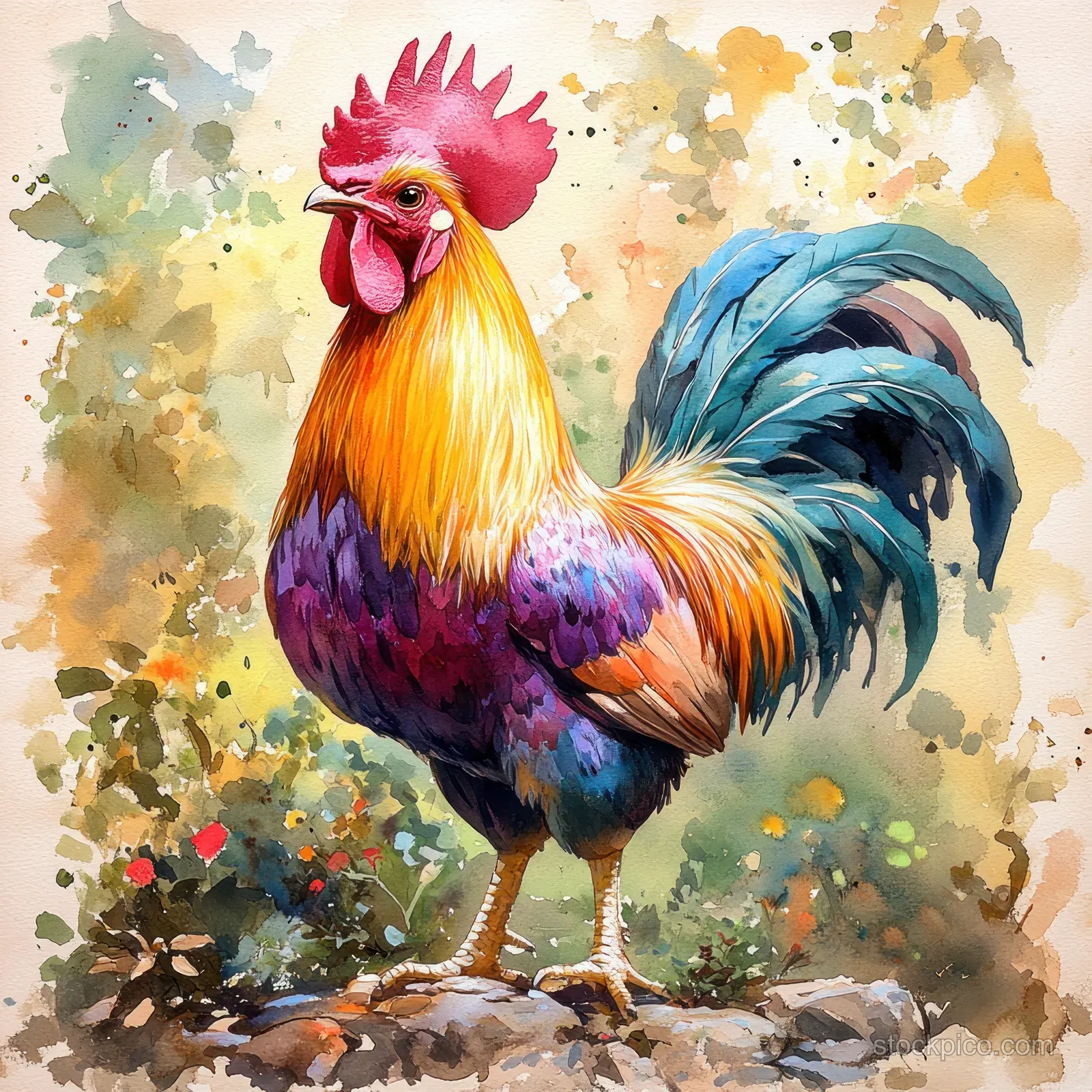Colorful watercolor rooster standing on rocks with detailed feathers and warm paint splatter background.
