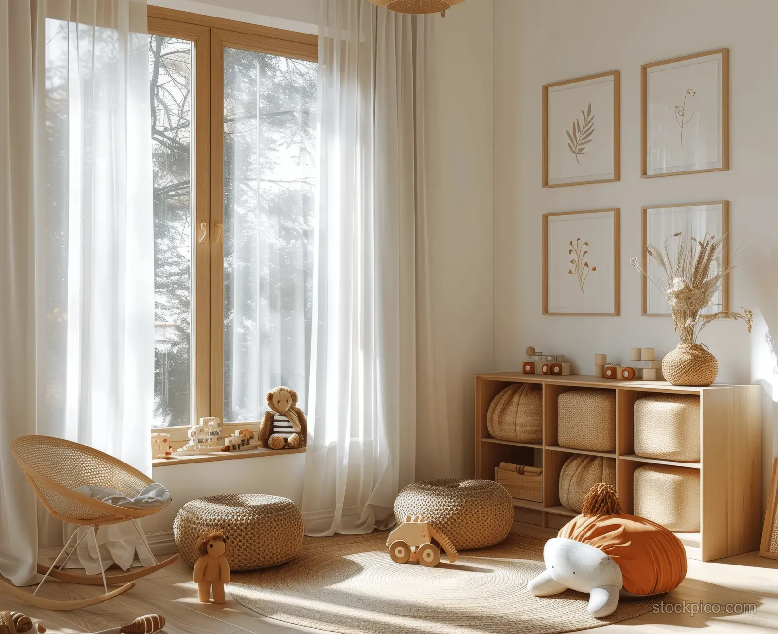 Minimalist nursery with rattan lion chair, natural toy shelves, framed prints, and soft daylight through sheer curtains.