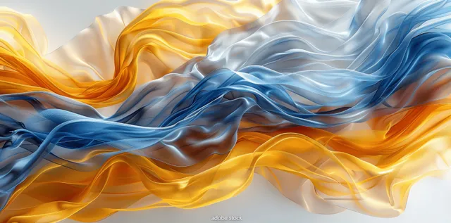 Flowing blue and yellow wave ribbon with silky texture on bright neutral background