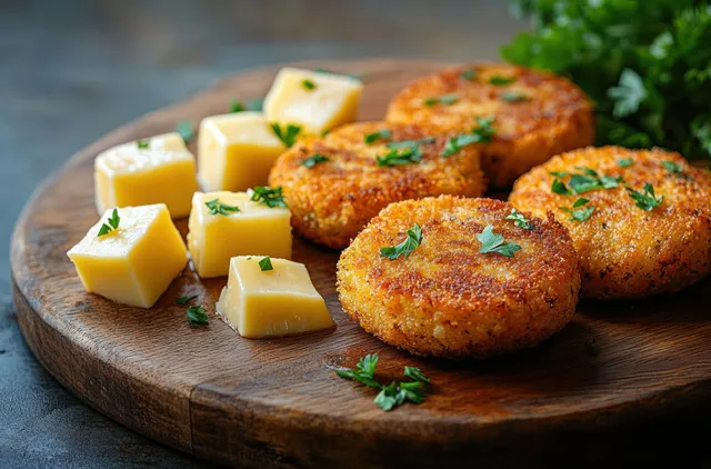 Golden fried patties with green herb garnish sit on a rustic board beside cubed yellow cheese and parsley.