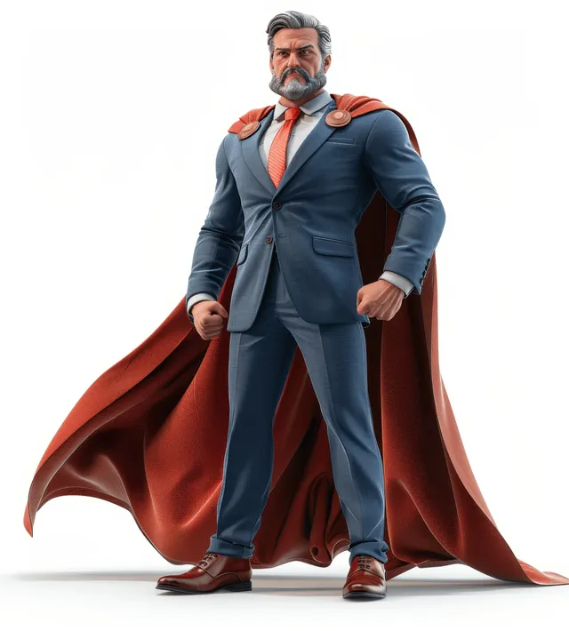 3D cartoon businessman in a blue suit with a flowing red cape standing heroically on a white background.
