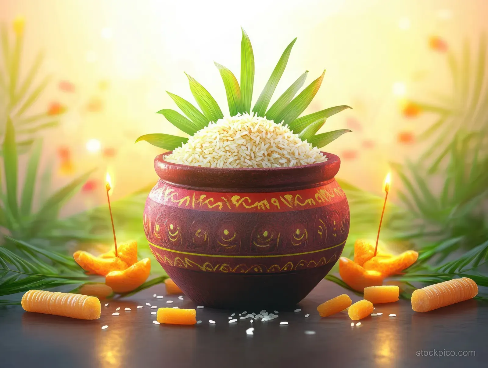 Decorated clay pot filled with rice with sugarcane sticks and scattered grains against a warm glowing bokeh background.