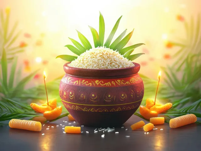 Pongal clay pot brimming with rice beside sugarcane, warm bokeh background glow